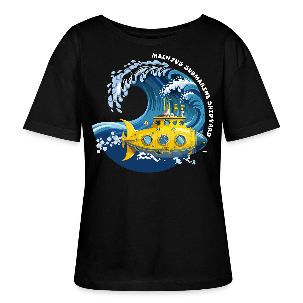Relaxed Rundhals Frauen Bio-T-Shirt mit MAENJUS SUBMARINE SHIPYARD PRINT - Schwarz