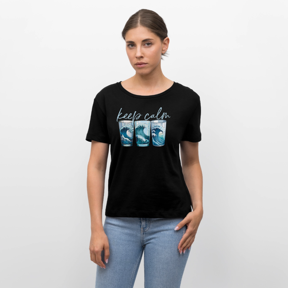 Relaxed Rundhals Frauen Bio-T-Shirt mit KEEP CALM PRINT - Schwarz