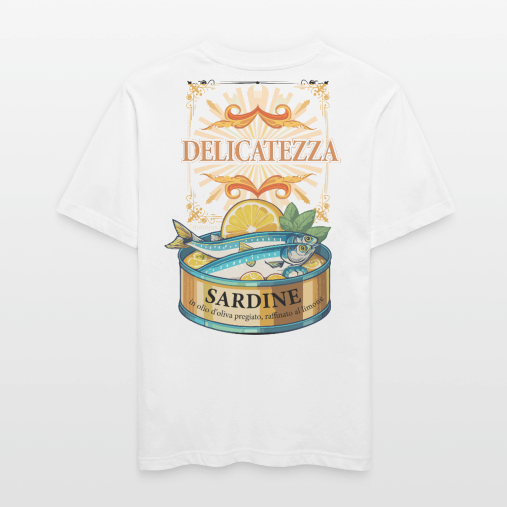 Relaxed Fit Unisex Bio-T-Shirt mit DELICATEZZA SARDINE PRINT Vorder- und Rückseite - Weiß