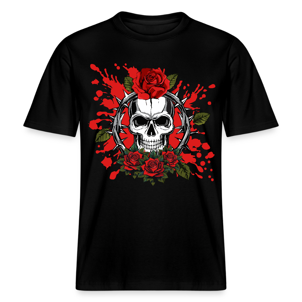 Relaxed Fit Unisex Bio-T-Shirt mit  ROSEN SKULL PRINT Vorderseite - Schwarz