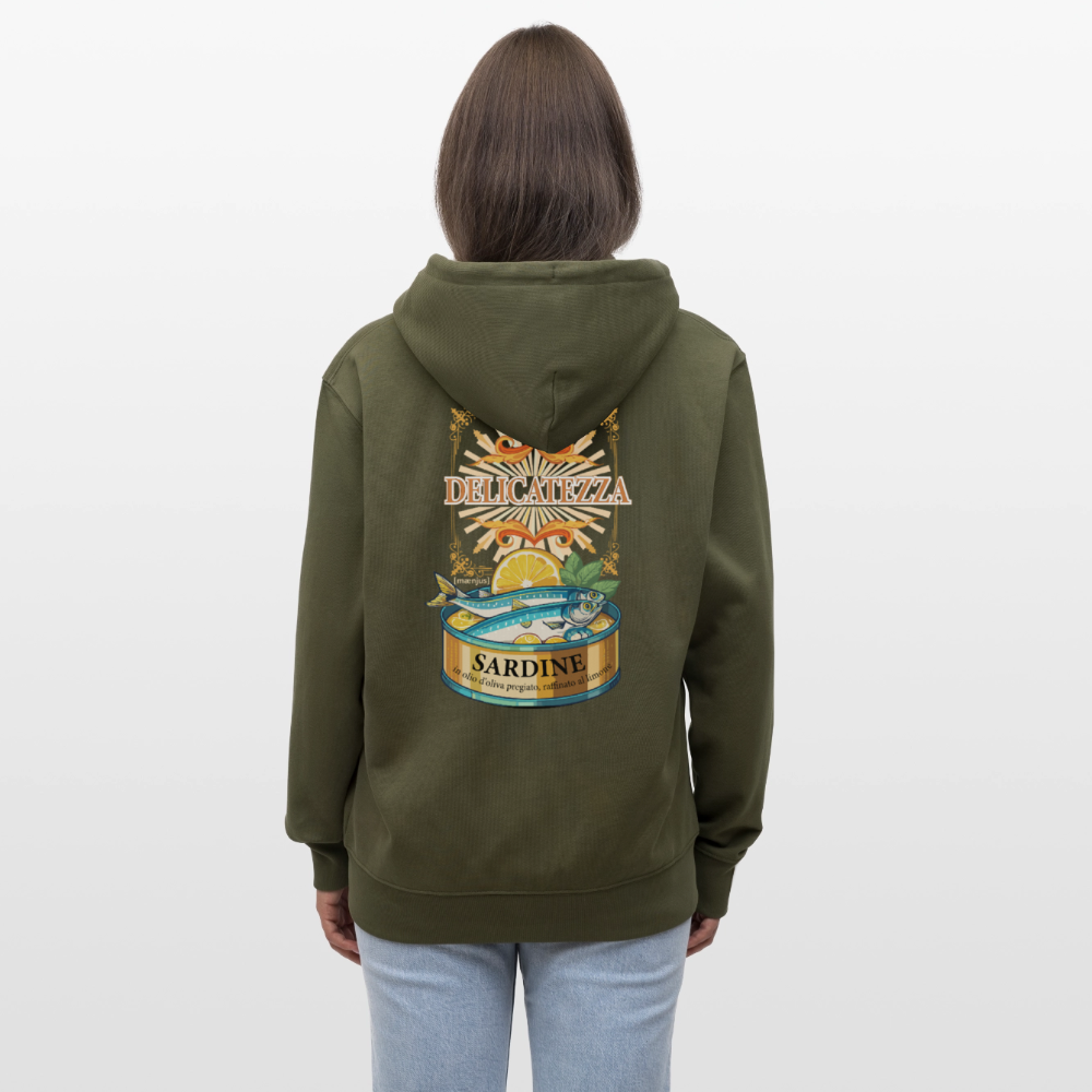 Unisex Bio-Kapuzenjacke mit DELICATEZZA PRINT Rückseite - Khaki