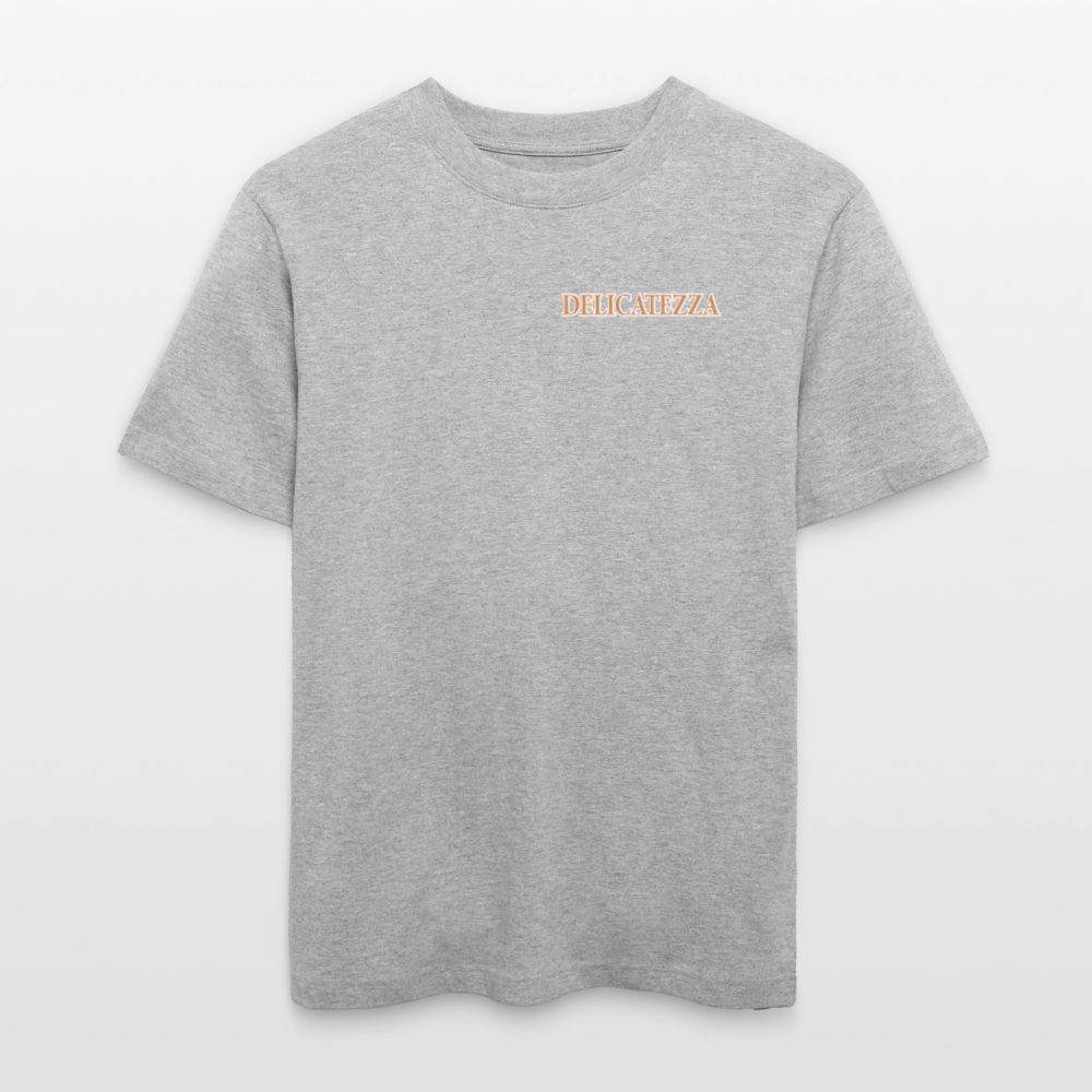 Relaxed Fit Unisex Bio-T-Shirt mit DELICATEZZA SARDINE PRINT Vorder- und Rückseite - Grau meliert