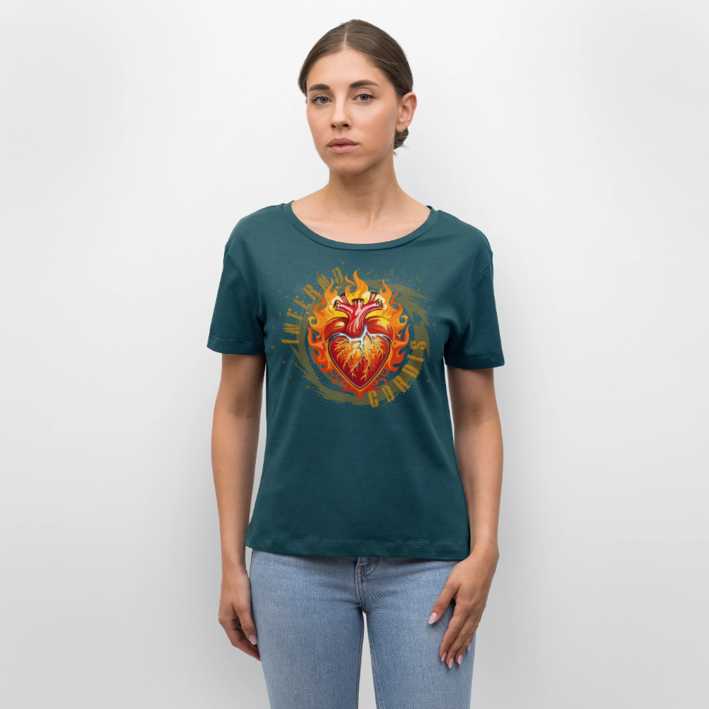 Frauen T-Shirt mit FEUERHERZ ORANGE PRINT - Dunkles Petrol