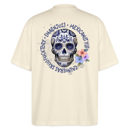 Oversized Unisex T-Shirt mit MAENJUS MEXICANSTYLE PRINT Vorder- und Rückseite - Weißgrau