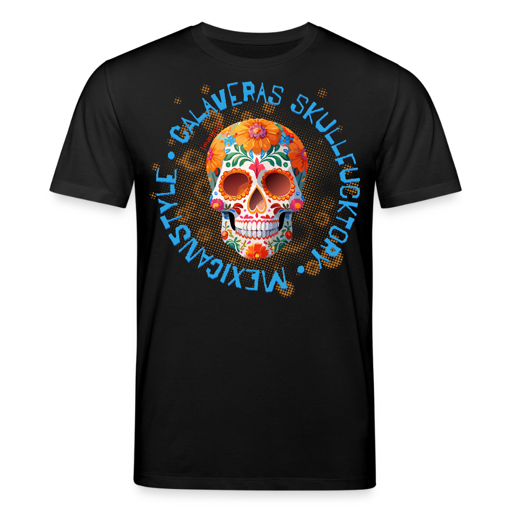 Unisex Bio-T-Shirt mit CALAVERAS MEXICANSTYLE PRINT Vorderseite - Schwarz
