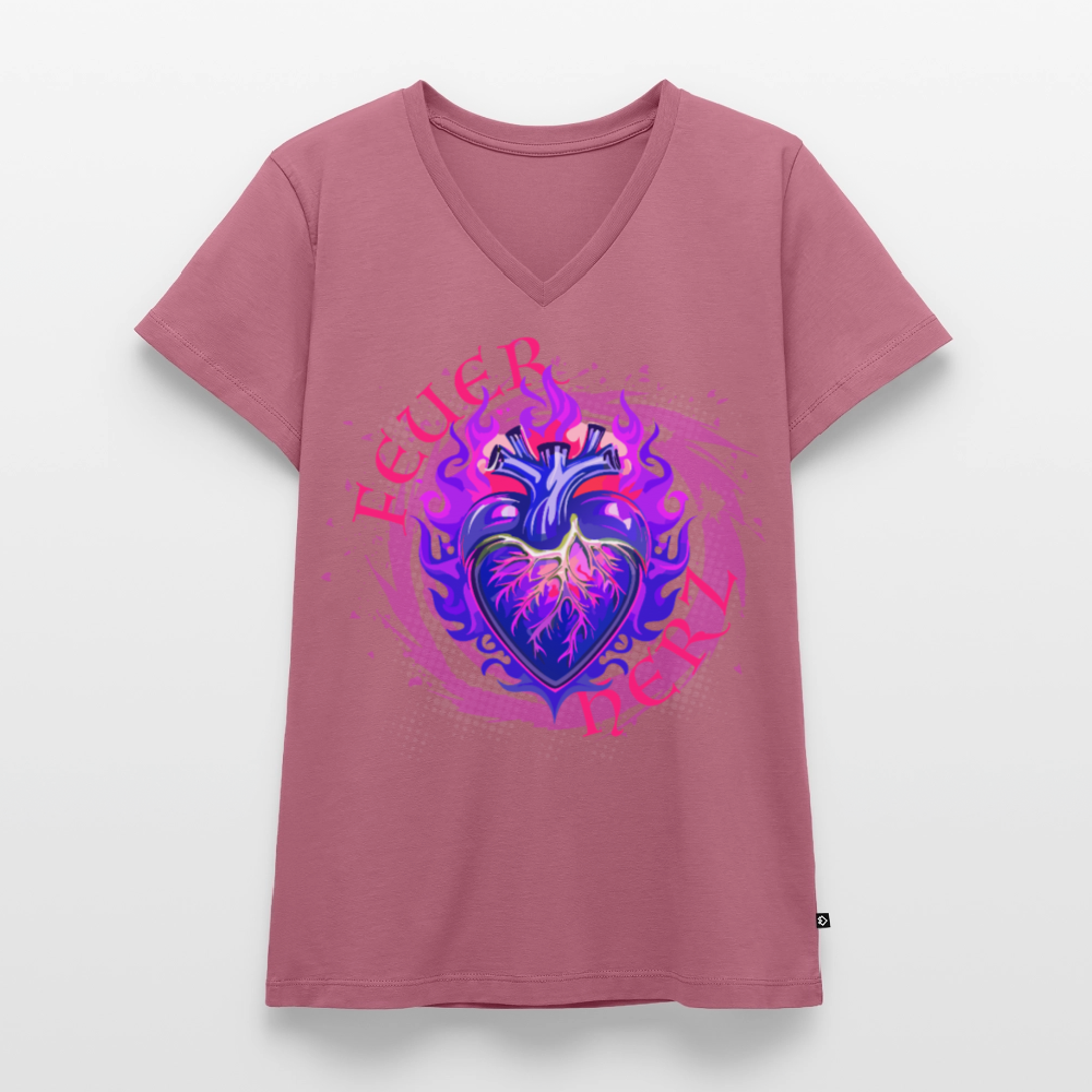 Frauen Bio-T-Shirt mit V-Ausschnitt mit FEUERHERZ LILA PRINT - Mauve
