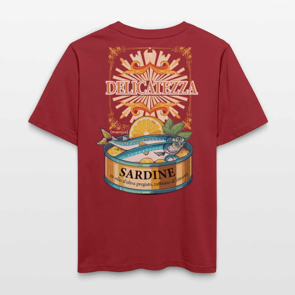 Relaxed Fit Unisex Bio-T-Shirt mit DELICATEZZA SARDINE PRINT Vorder- und Rückseite - Erdrot