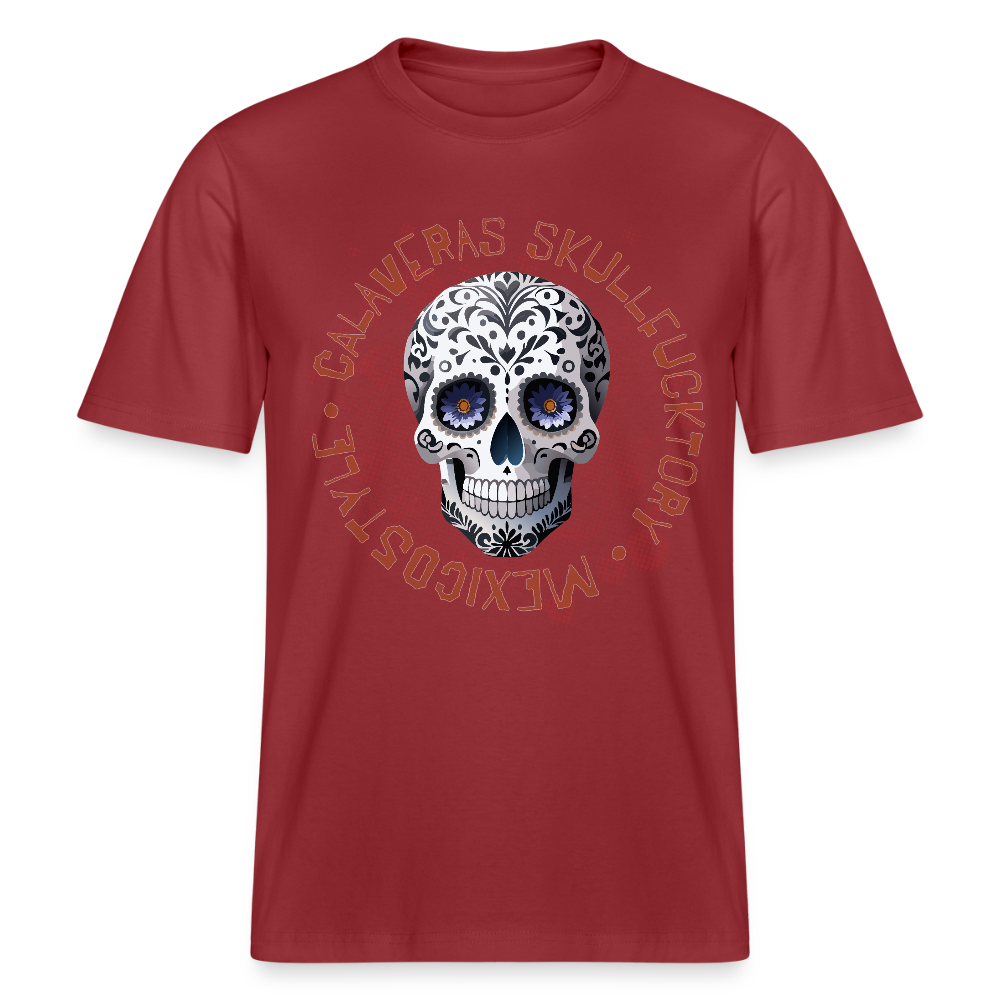 Relaxed Fit Unisex Bio-T-Shirt mit CALAVERAS SKULL PRINT Vorderseite - Erdrot