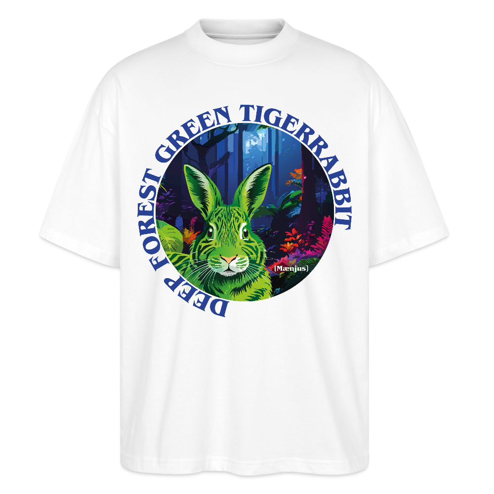 Oversized Unisex T-Shirt mit DEEP FOREST GREEN TIGERRABBIT PRINT Vorderseite - Weiß