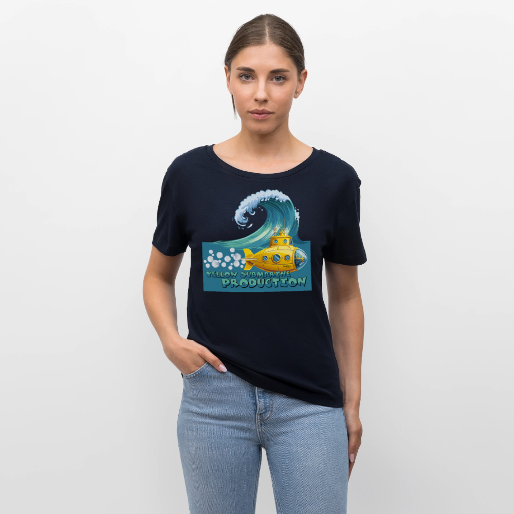 Relaxed Rundhals Frauen Bio-T-Shirt mit YELLOW SUBMARINE PRODUCTION PRINT - Navy