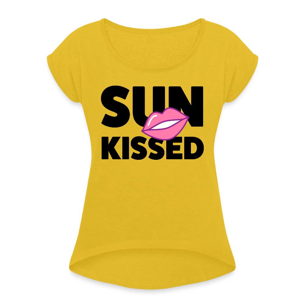 Frauen T-Shirt mit gerollten Ärmeln mit SUN KISSED PRINT - Senfgelb