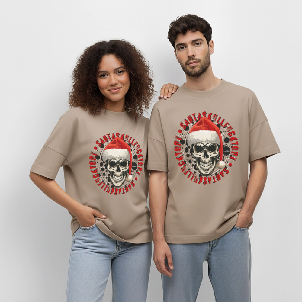 Oversized Unisex Bio T-Shirt mit SANTASKULL FUCKTORY PRINT - Steingrau