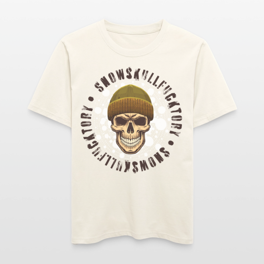 Relaxed Fit Unisex Bio-T-Shirt mit SNOWSKULL FUCKTORY PRINT Vorderseite - Naturweiß 