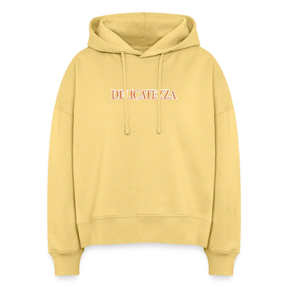 Boxy Frauen Bio Hoodie mit DELIKATEZZA SARDINE PRINT Vorder- und RÜCKSEITE - Hellgelb