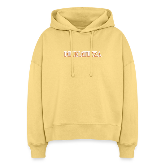 Boxy Frauen Bio Hoodie mit DELIKATEZZA SARDINE PRINT Vorder- und RÜCKSEITE - Hellgelb