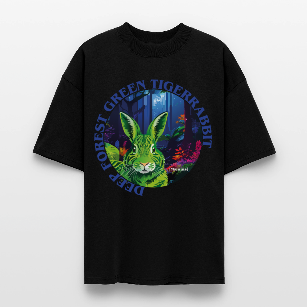 Oversized Unisex T-Shirt mit DEEP FOREST GREEN TIGERRABBIT PRINT Vorderseite - Schwarz
