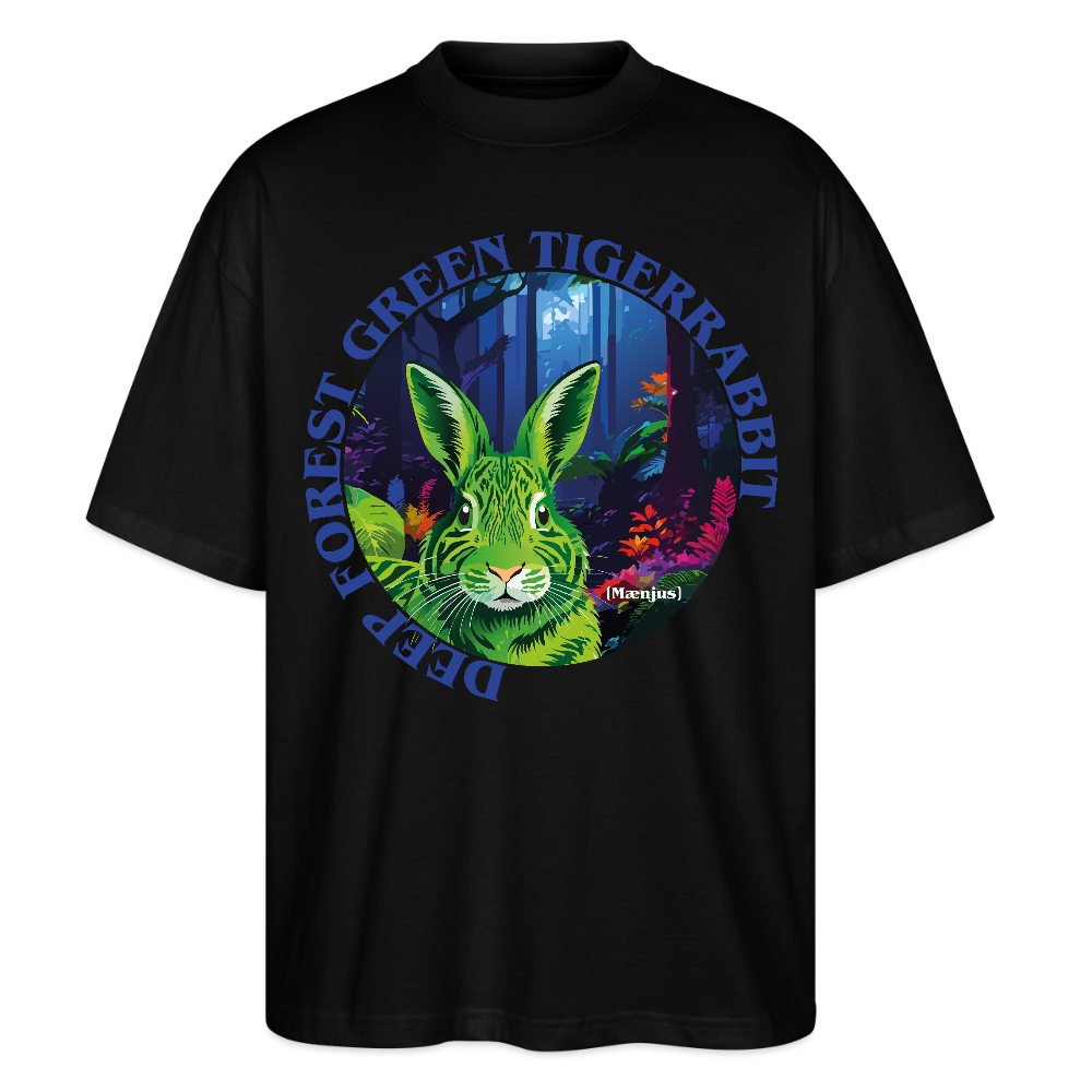 Oversized Unisex T-Shirt mit DEEP FOREST GREEN TIGERRABBIT PRINT Vorderseite - Schwarz