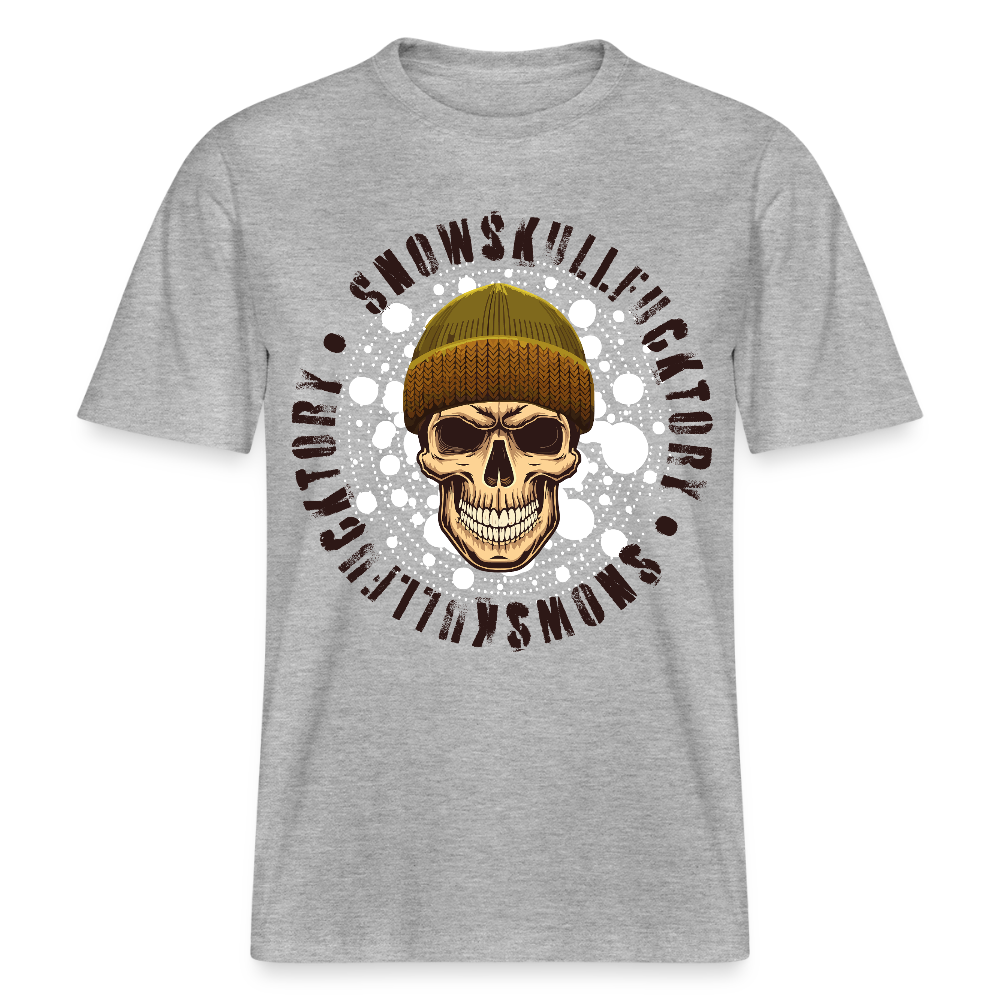 Relaxed Fit Unisex Bio-T-Shirt mit SNOWSKULL FUCKTORY PRINT Vorderseite - Grau meliert