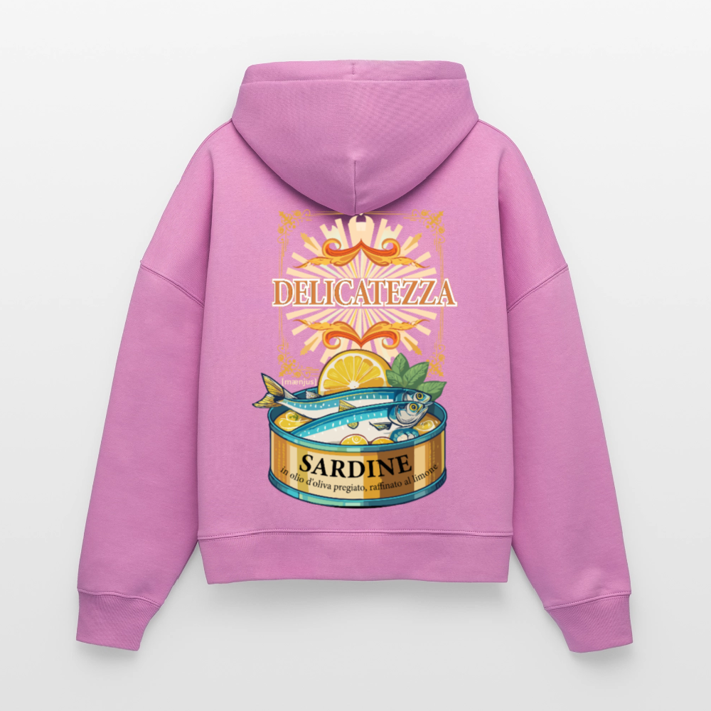 Boxy Frauen Bio Hoodie mit DELIKATEZZA SARDINE PRINT Vorder- und RÜCKSEITE - Pink