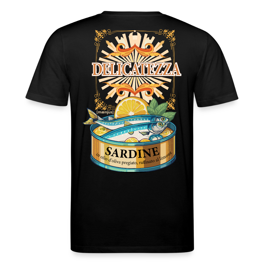 Unisex Bio-T-Shirt mit DELICATEZZA SARDINE PRINT Vorder- und Rückseite - Schwarz