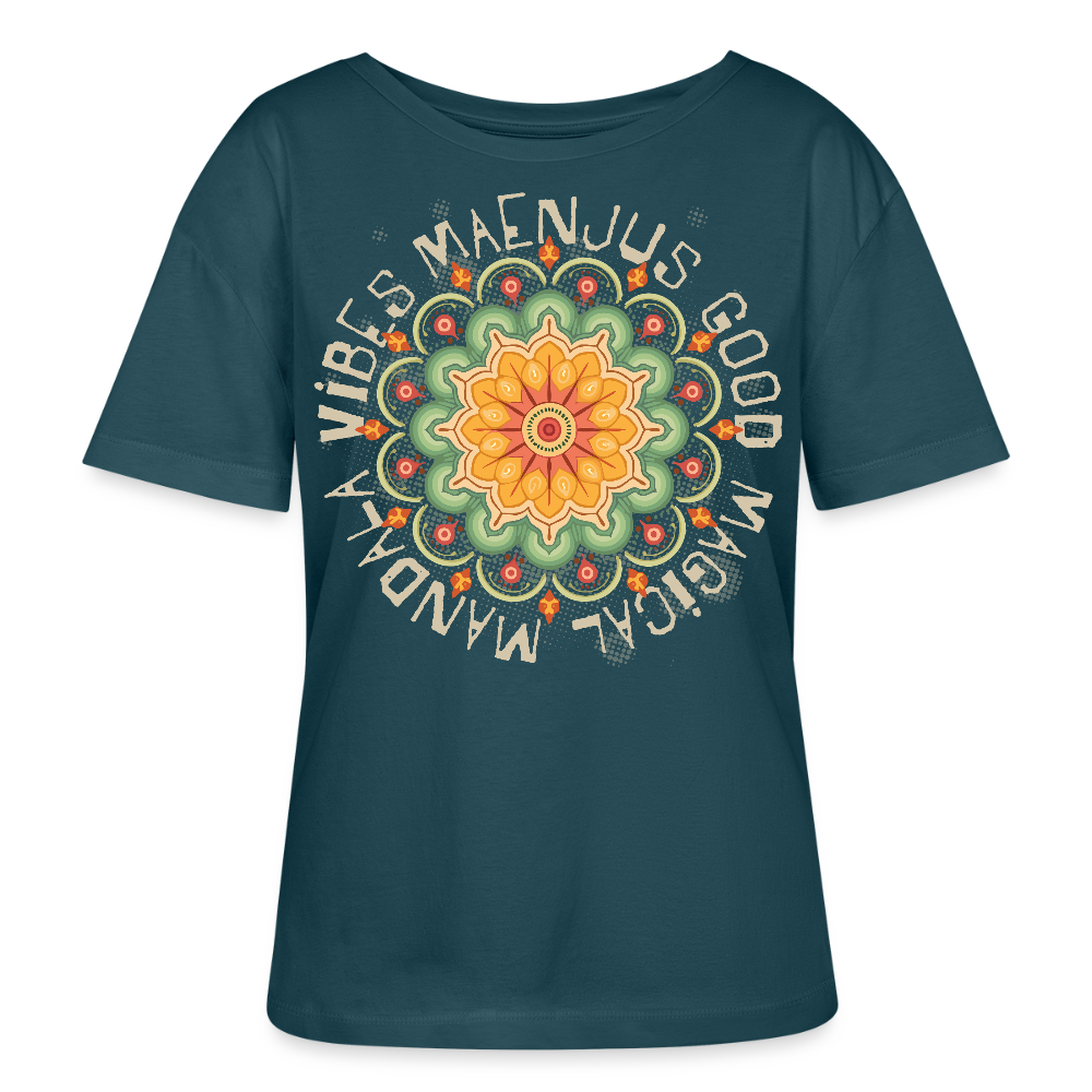 Rundhals Frauen Bio-T-Shirt mit Mandala Vibes PRINT - Dunkles Petrol