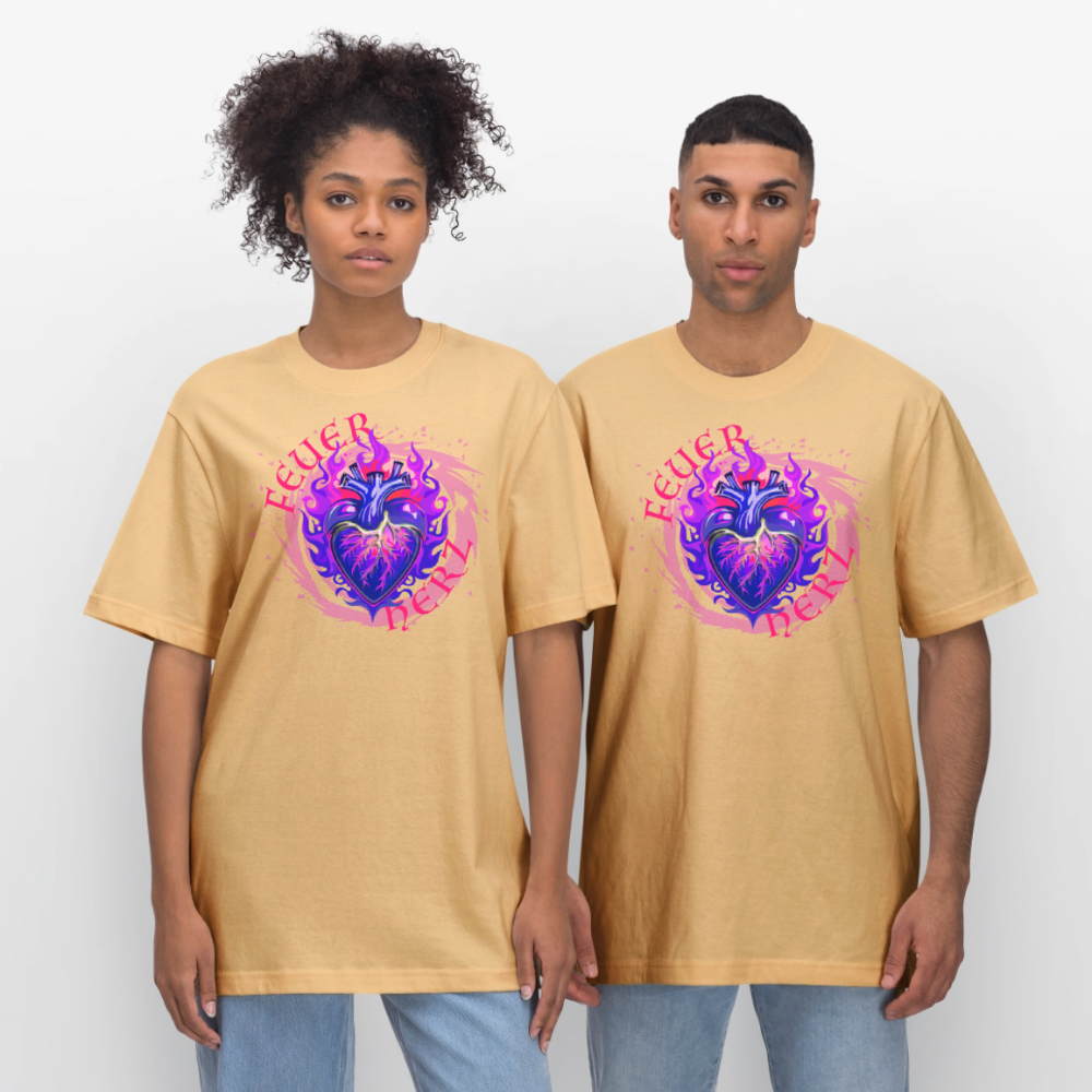 Unisex Bio-T-Shirt mit FEUERHERZ LILA PRINT - Hellgelb