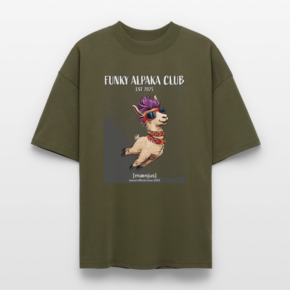 Oversized Unisex Bio T-Shirt mit FUNKY ALPAKA CLUB PRINT Vorderseite - Khaki