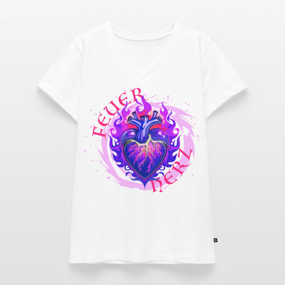 Frauen Bio-T-Shirt mit V-Ausschnitt mit FEUERHERZ LILA PRINT - Weiß