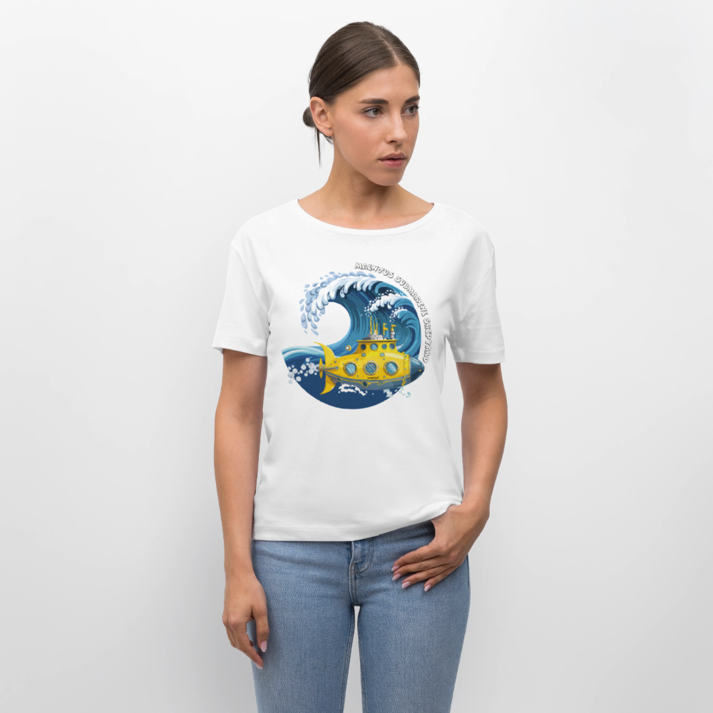 Relaxed Rundhals Frauen Bio-T-Shirt mit MAENJUS SUBMARINE SHIPYARD PRINT - Weiß
