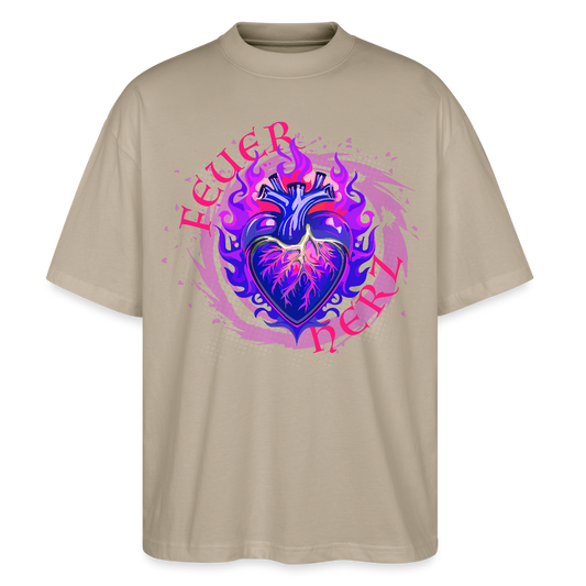 Oversized Unisex Bio T-Shirt mit FEUERHERZ LILA PRINT - Steingrau