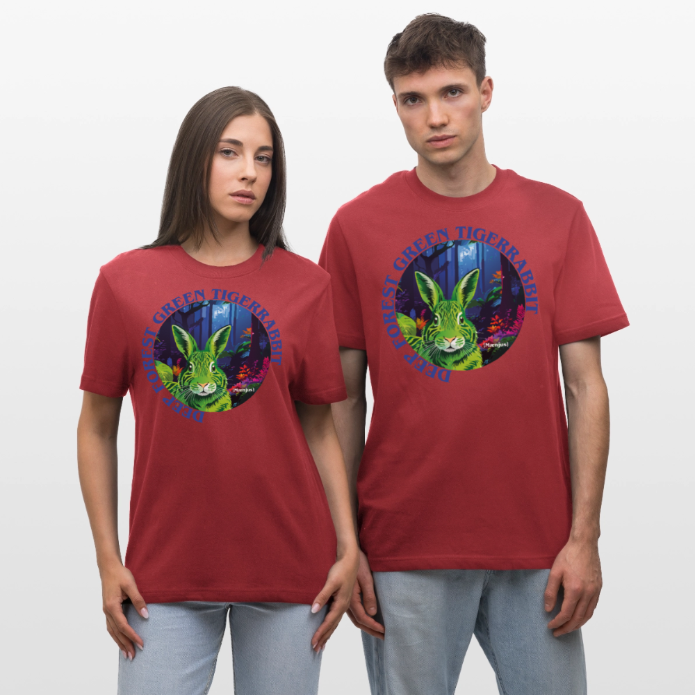 Relaxed Fit Unisex Bio-T-Shirt mit DEEP FOREST GREEN TIGERRABBIT PRINT Vorderseite - Erdrot