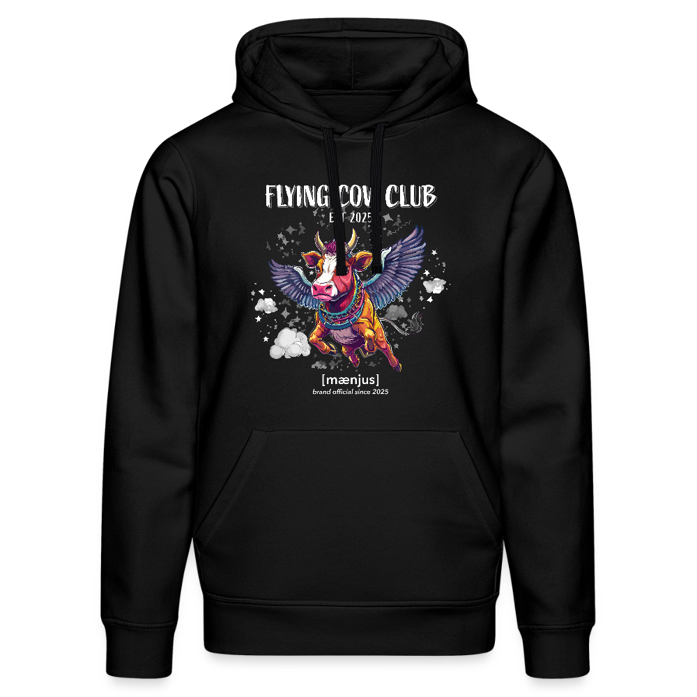 Unisex Bio-Hoodie mit FLYING COW CLUB PRINT Vorderseite - Schwarz