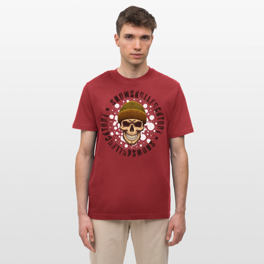 Relaxed Fit Unisex Bio-T-Shirt mit SNOWSKULL FUCKTORY PRINT Vorderseite - Erdrot