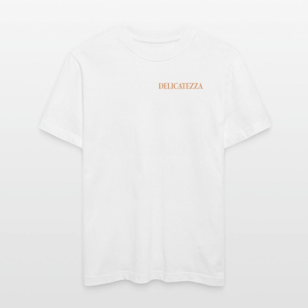 Relaxed Fit Unisex Bio-T-Shirt mit DELICATEZZA SARDINE PRINT Vorder- und Rückseite - Weiß