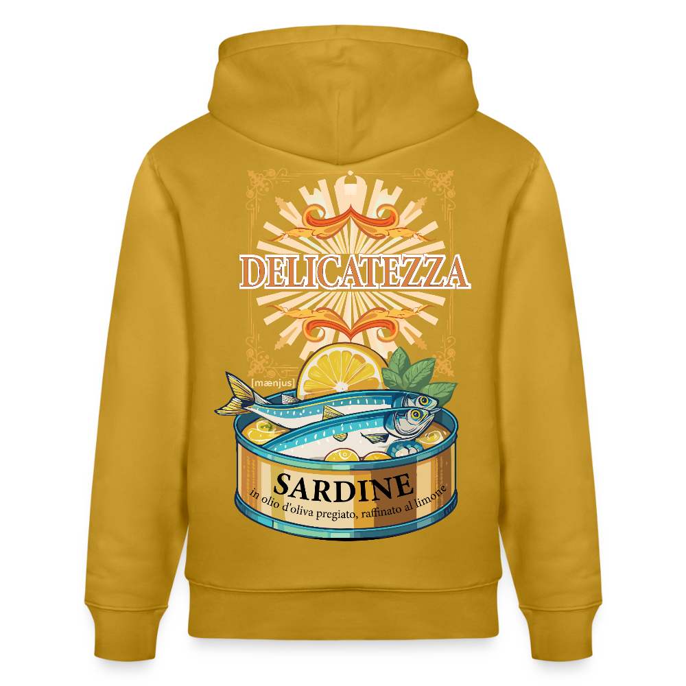 Unisex Hoodie mit DELICATEZZA SARDINE PRINT Vorder- und Rückseite - Ocker