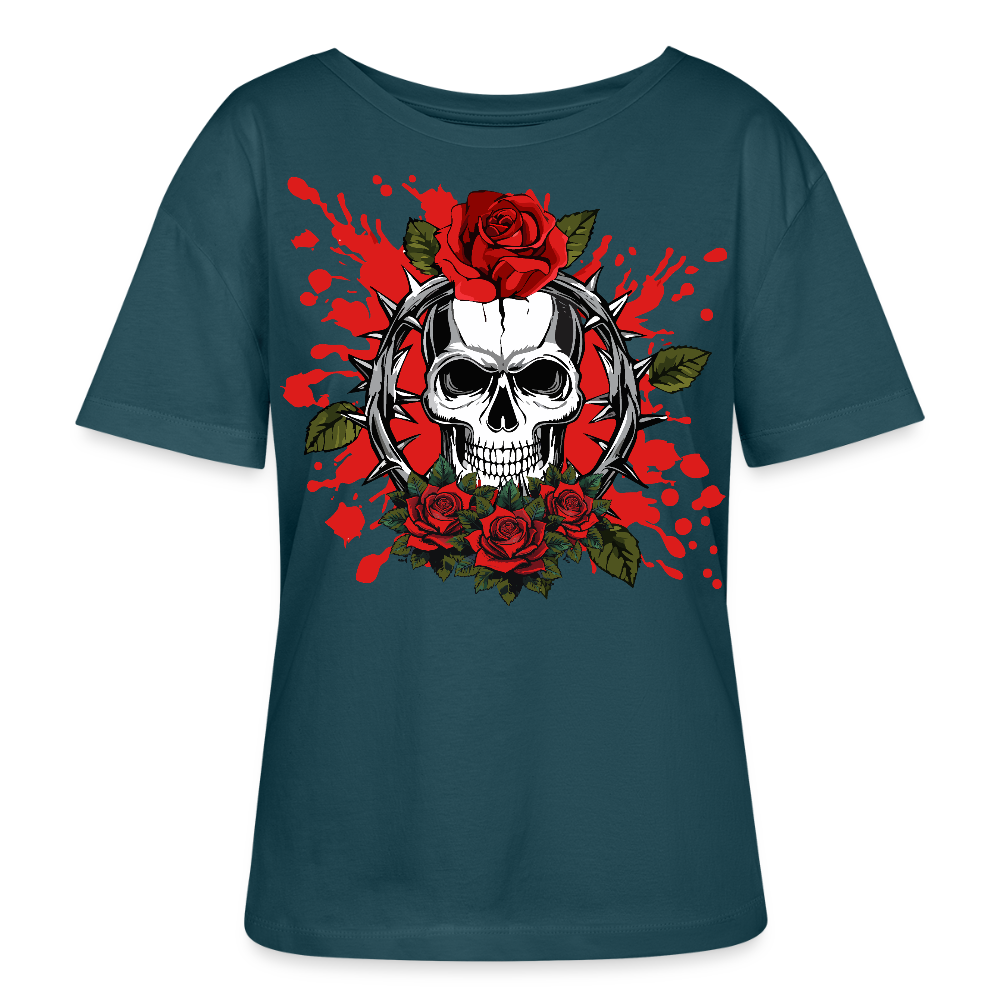 Frauen T-Shirt mit ROSEN SKULL PRINT - Dunkles Petrol