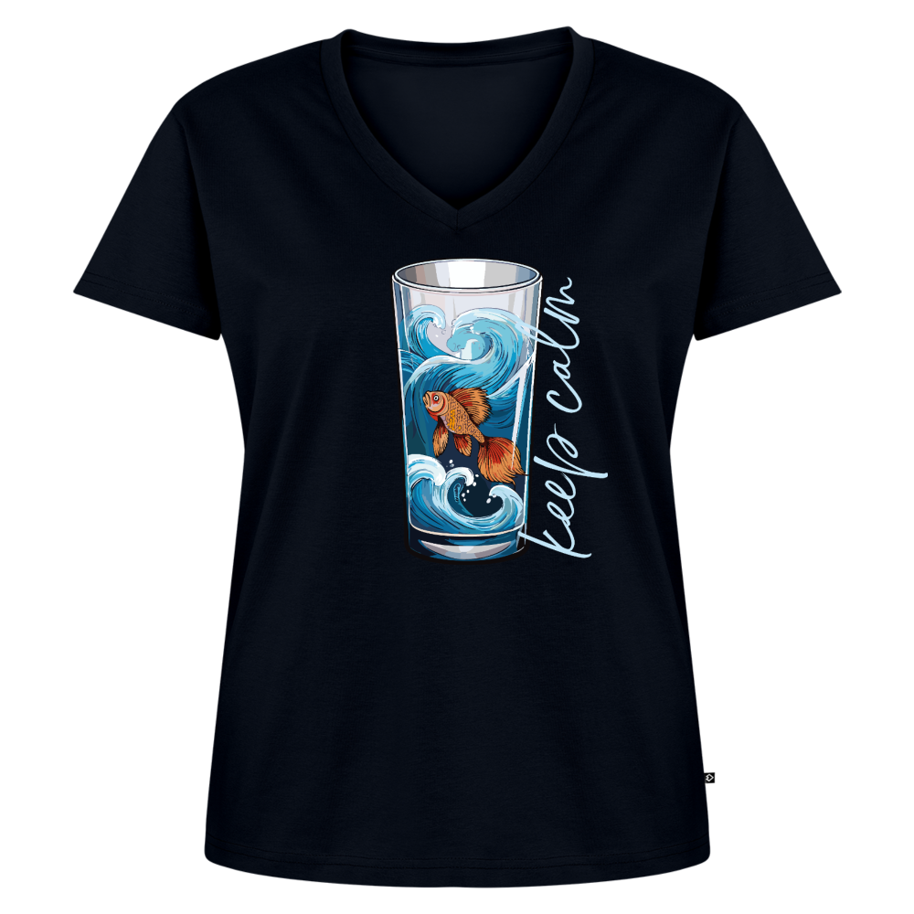 Frauen Bio-T-Shirt mit V-Ausschnitt mit KEEP CALM PRINT - Navy
