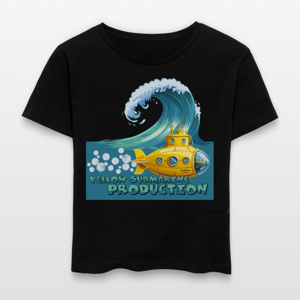 Relaxed Rundhals Frauen Bio-T-Shirt mit YELLOW SUBMARINE PRODUCTION PRINT - Schwarz