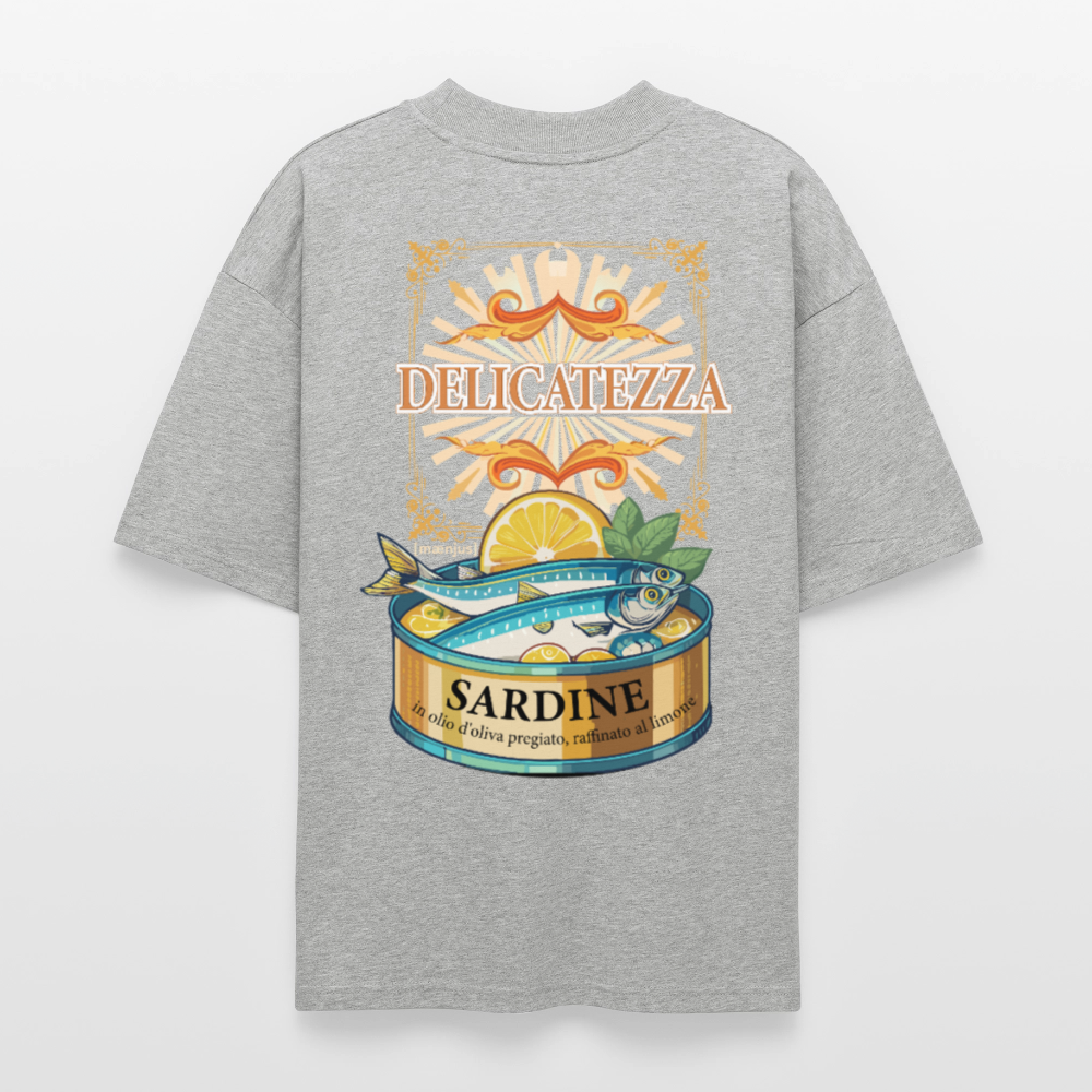 Oversized Unisex T-Shirt mit DELICATEZZA SARDINE PRINT Vorder- und Rückseite - Grau meliert