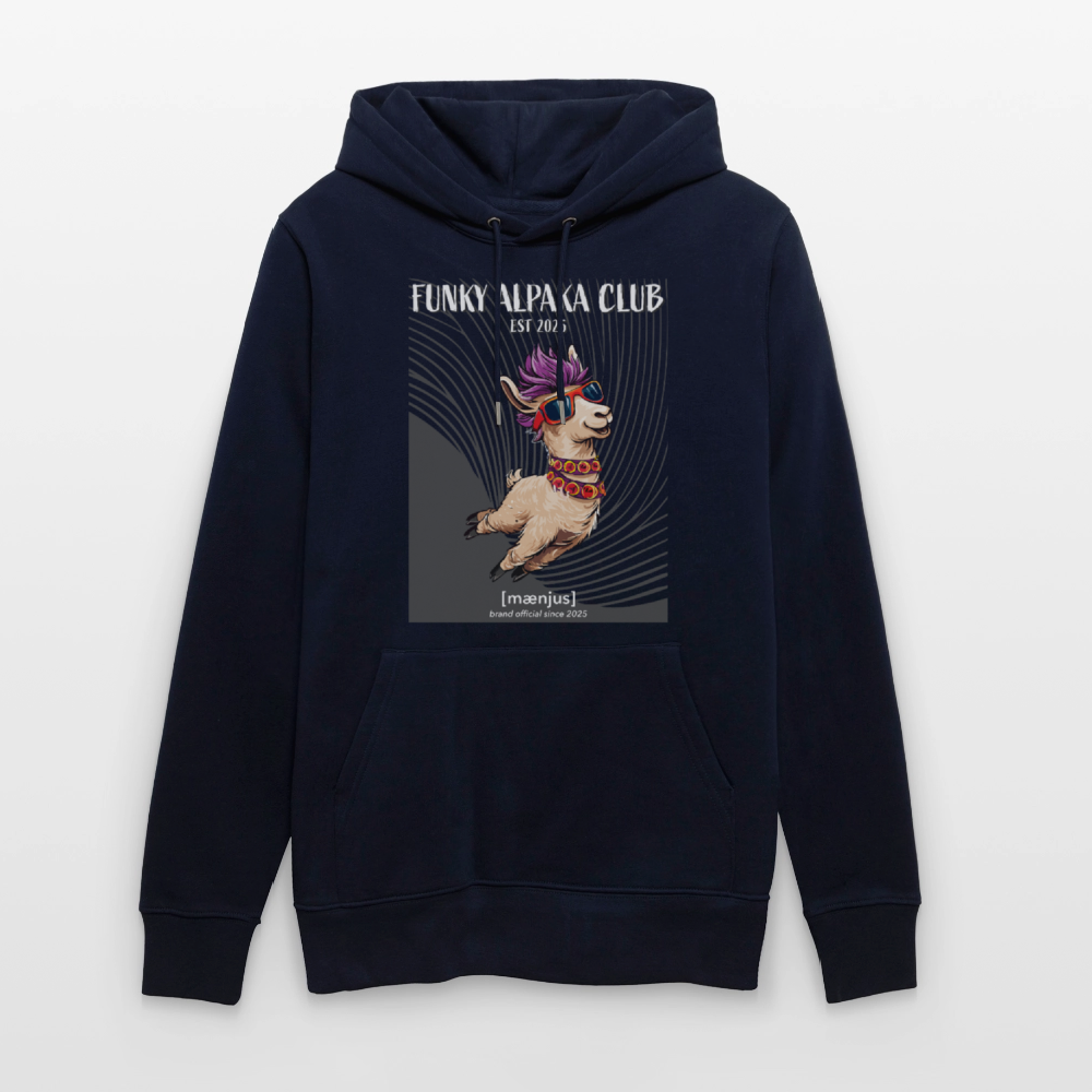 Unisex Bio-Hoodie mit FUNKY ALPAKA CLUB PRINT Vorderseite - Navy