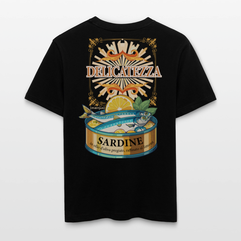 Relaxed Fit Unisex Bio-T-Shirt mit DELICATEZZA SARDINE PRINT Vorder- und Rückseite - Schwarz