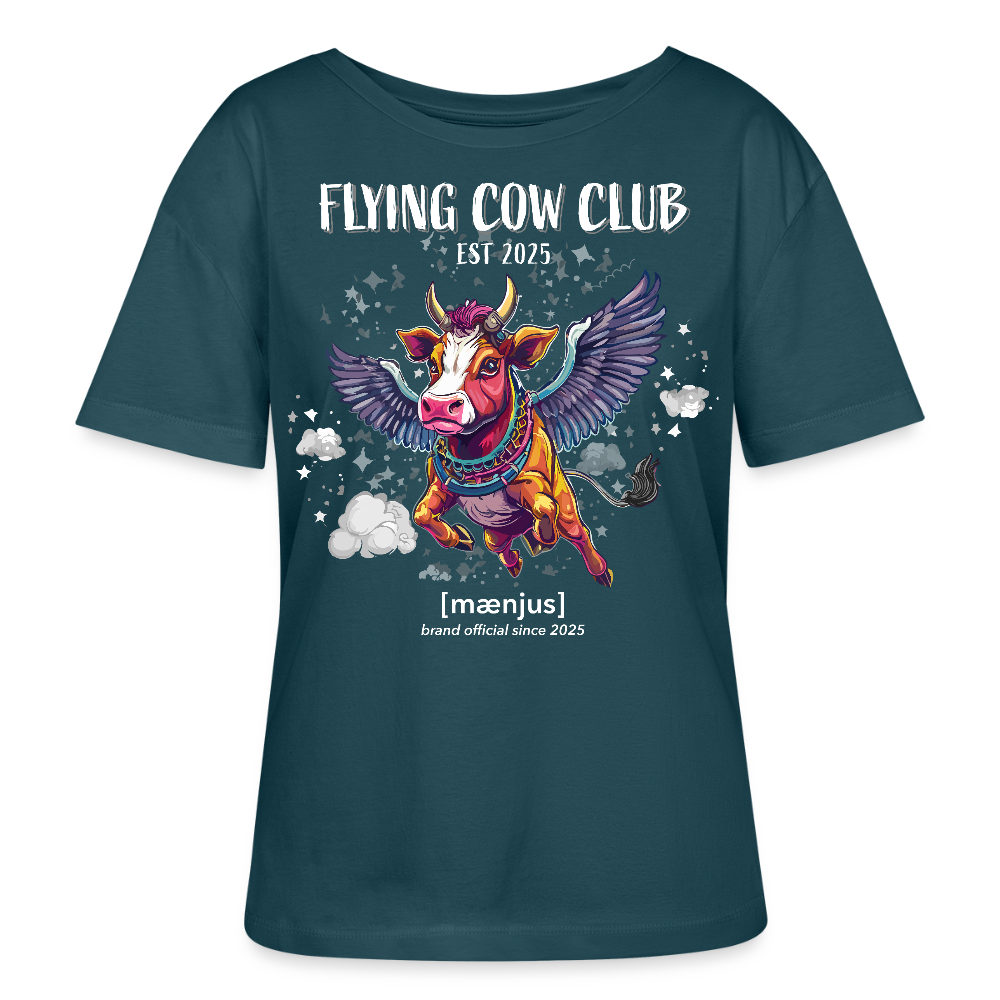 Relaxed Rundhals Frauen Bio-T-Shirt mit FLYING COW CLUB PRINT - Dunkles Petrol