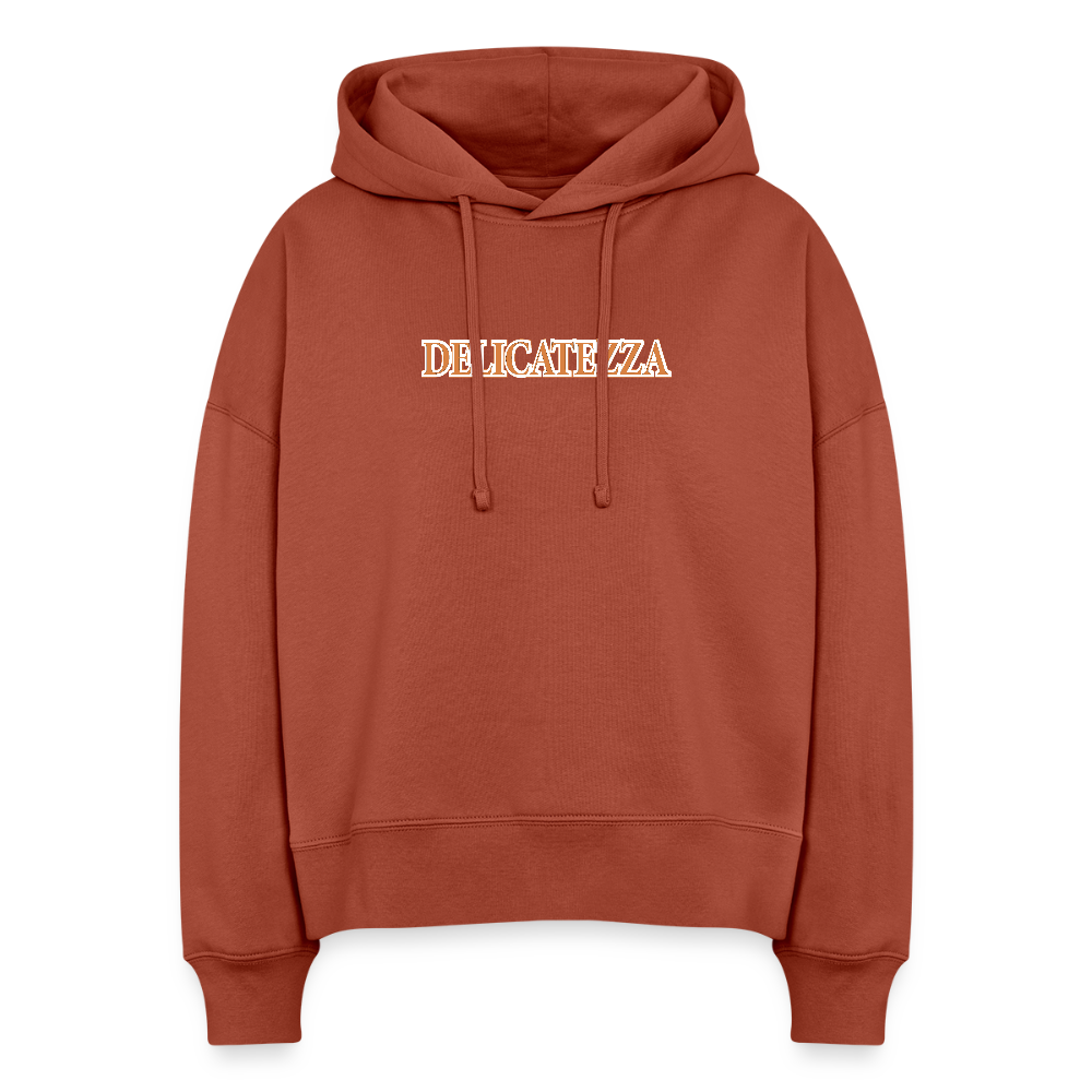 Boxy Frauen Bio Hoodie mit DELIKATEZZA SARDINE PRINT Vorder- und RÜCKSEITE - Terrakotta