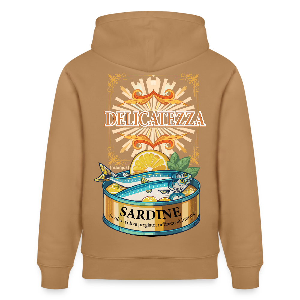 Unisex Hoodie mit DELICATEZZA SARDINE PRINT Vorder- und Rückseite - Karamell 