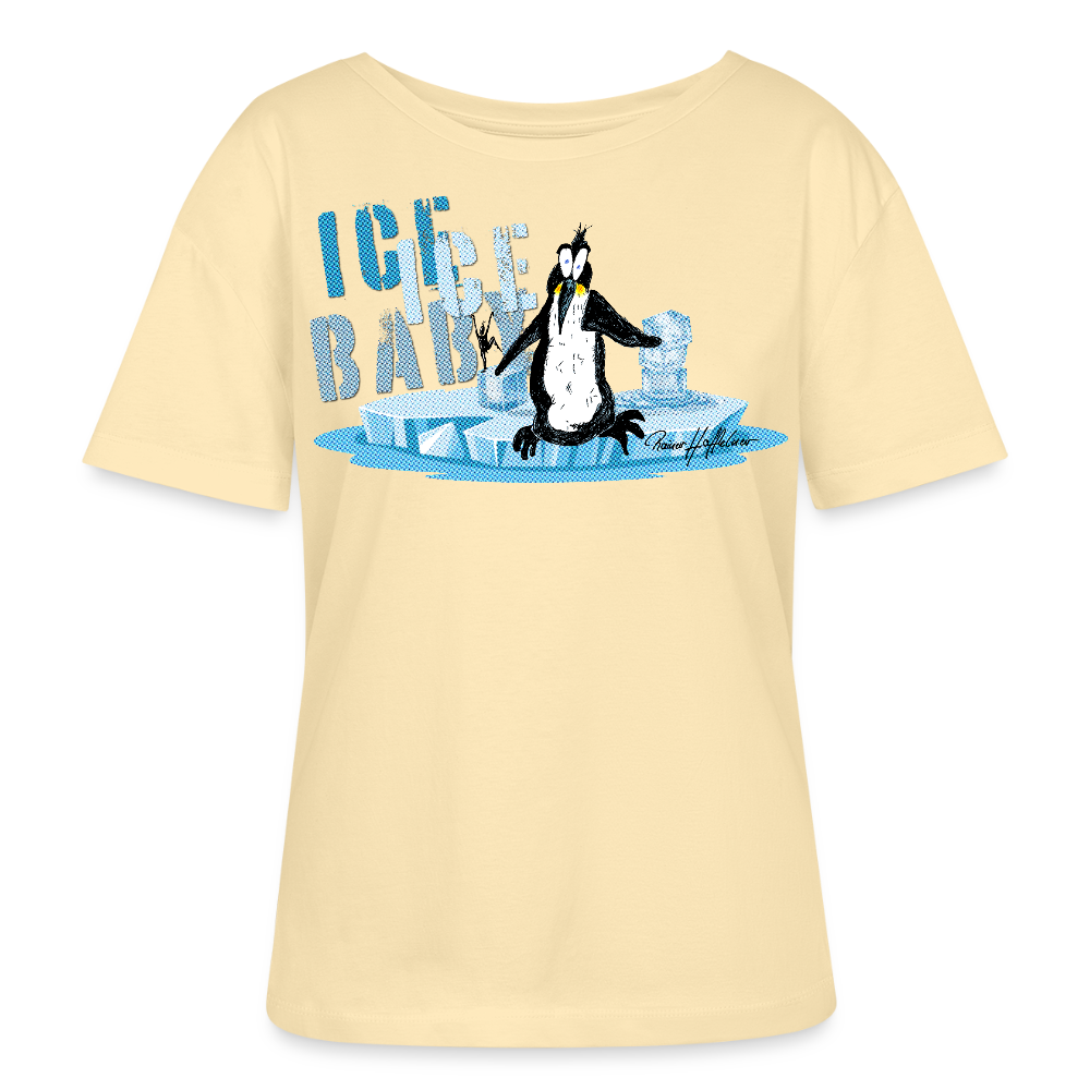 Relaxed Rundhals Frauen Bio-T-Shirt mit ICE ICE BABY PINGUIN PRINT - Creme
