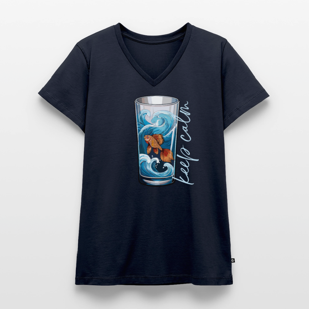 Frauen Bio-T-Shirt mit V-Ausschnitt mit KEEP CALM PRINT - Navy