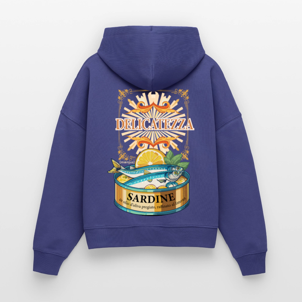 Boxy Frauen Bio Hoodie mit DELIKATEZZA SARDINE PRINT Vorder- und RÜCKSEITE - Dämmerung