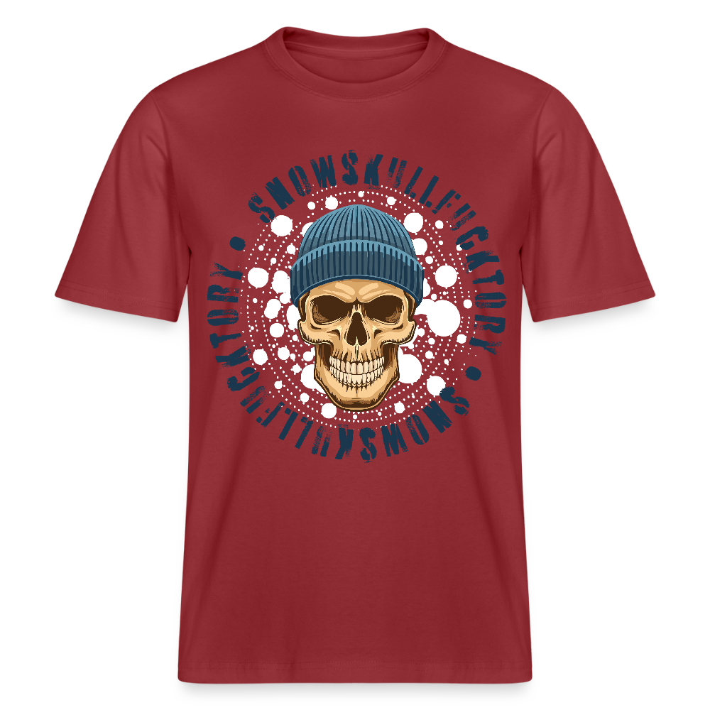 Relaxed Fit Unisex Bio-T-Shirt mit SNOWSKULL FUCKTORY PRINT Vorderseite - Erdrot