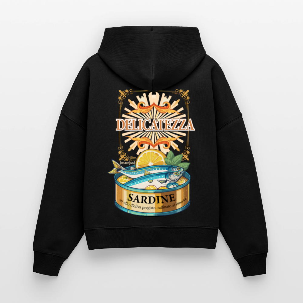 Boxy Frauen Bio Hoodie mit DELIKATEZZA SARDINE PRINT Vorder- und RÜCKSEITE - Schwarz