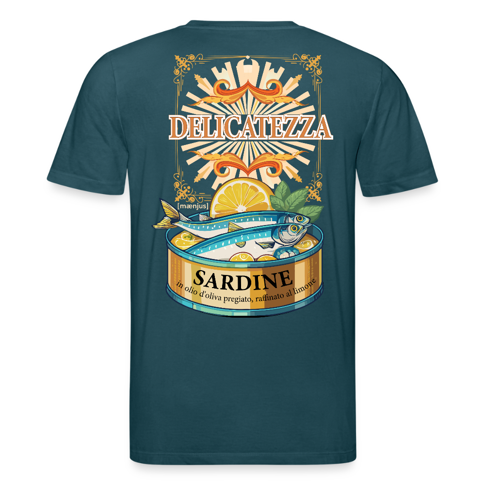 Unisex Bio-T-Shirt mit DELICATEZZA SARDINE PRINT Vorder- und Rückseite - Dunkles Petrol